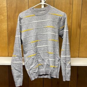 Grey and yellow sweater, polyester, warm - fits a men’s small